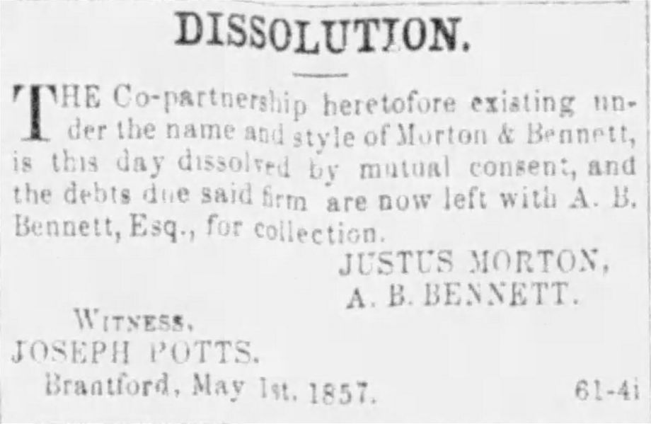 4.	 Source : The Brant Expositor, May 15, 1857, p. 3. Dissolution de la firme Morton & Bennett en date du 1er mai 1857, une date jusqu’alors inconnue. Mais leur production à la Brantford Pottery avait cessé dès janvier 1857.